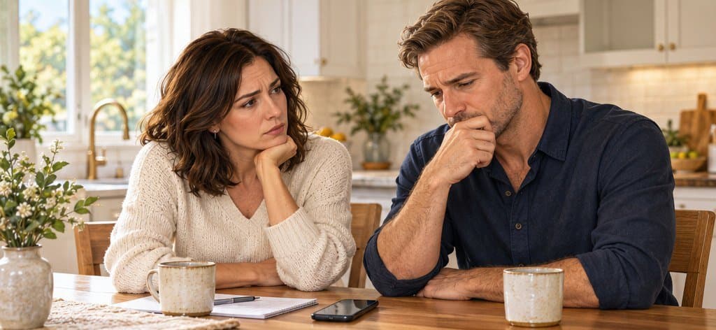 A homeowner couple at the kitchen table, thinking it over