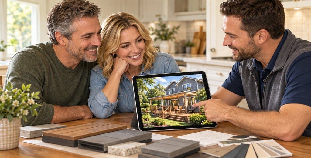 A rep presenting options to a homeowner couple on a tablet