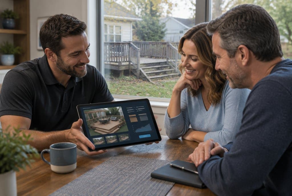 A sales consultant and two homeowners looking at a deck project on a tablet at a kitchen table